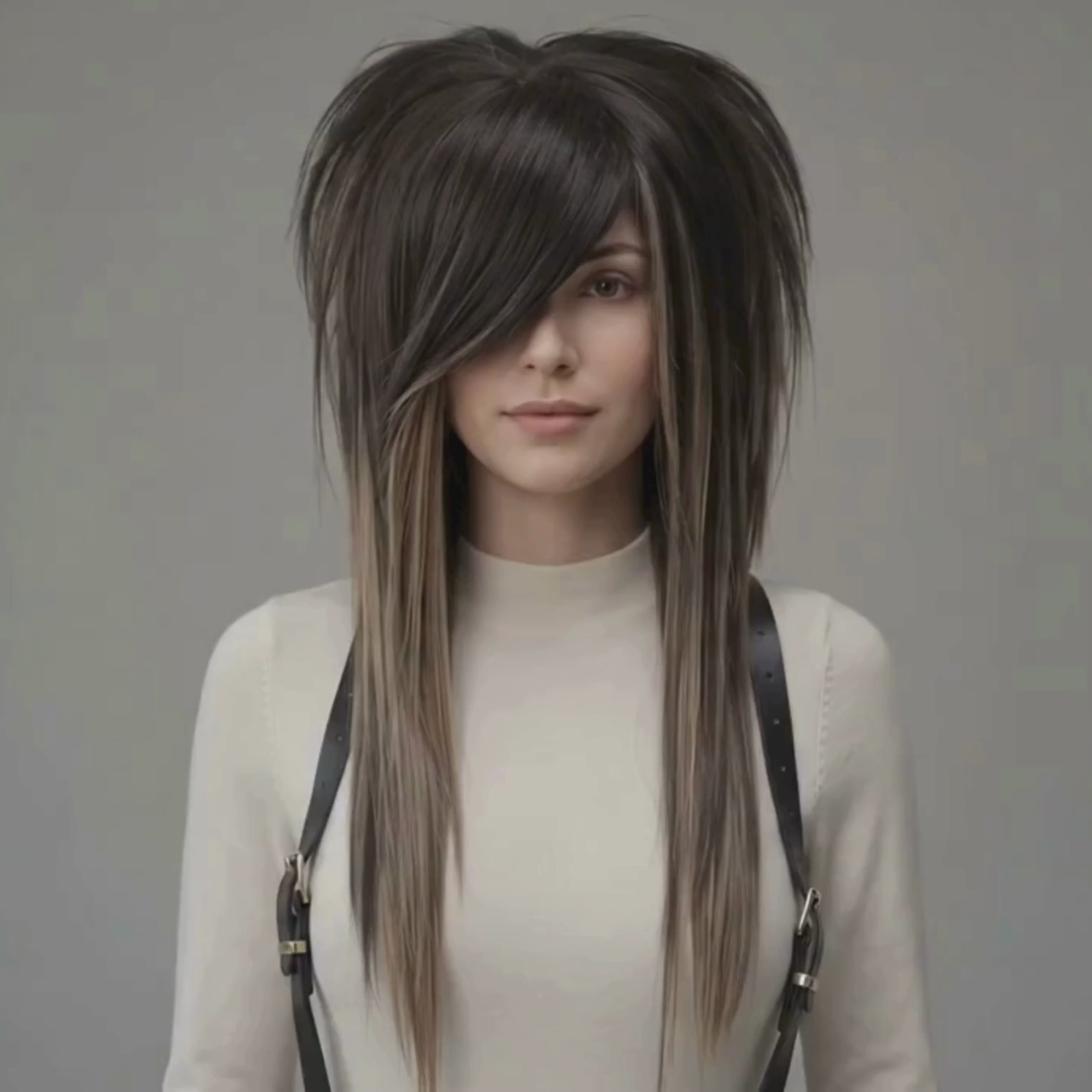 Showcasing video of dark ash brown scene wig front view with side fringe and layered emo shag cut, natural brown highlights, long straight lengths