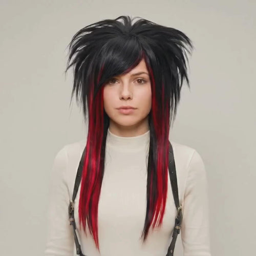 Showcasing video of model is wearing a emo scene hairstyle wig in black and deep red, showing layered spiky texture with full bangs, long heat-resistant synthetic wig for cosplay, gothic fashion, punk rocker aesthetic, handcrafted alternative wig, custom styled wig for emo look, suitable for festivals or everyday style.