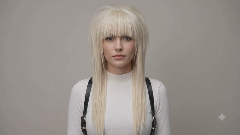 Showcase video of a blonde straight bangs wig with long layered scene-inspired styling, shown from multiple angles on model and mannequin.