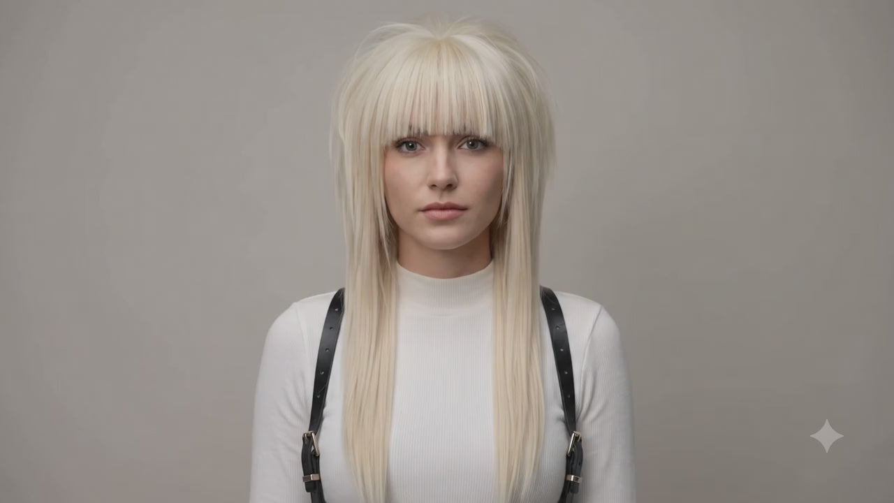 Showcase video of a blonde straight bangs wig with long layered scene-inspired styling, shown from multiple angles on model and mannequin.