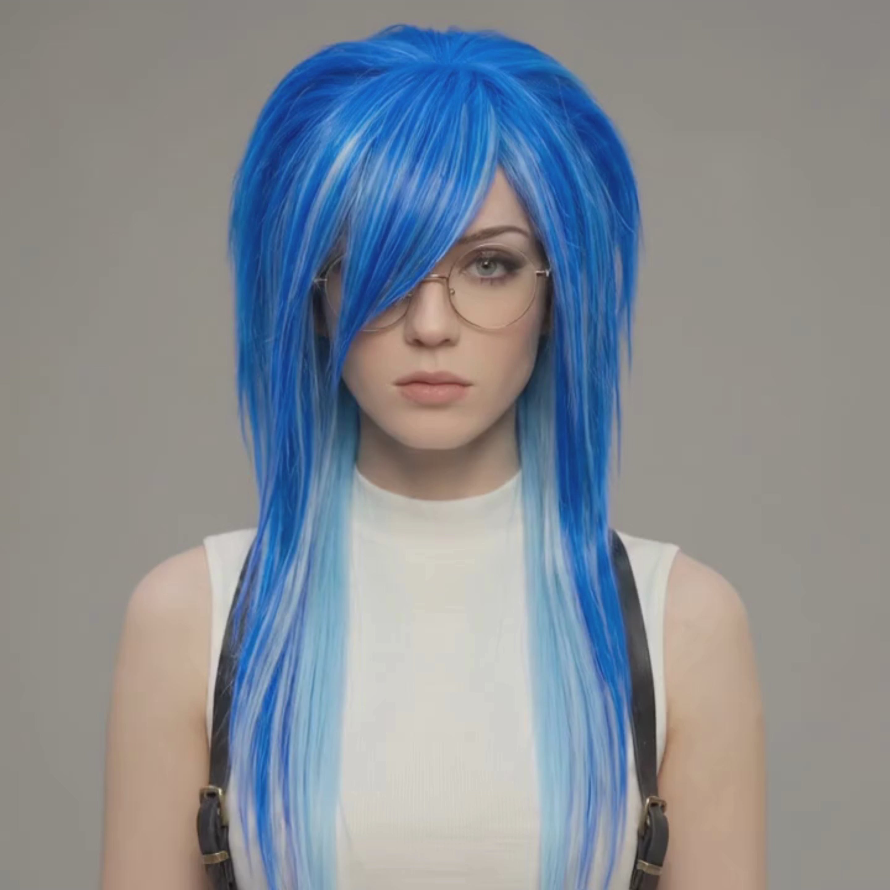 Showcasing Video of Model Wearing The Blue Scene Emo Wig with Spiky Layers and Side Bangs – Long Shaggy Alternative Goth Wig, Electric Blue Ombre Style for Cosplay, Drag or Anime Look