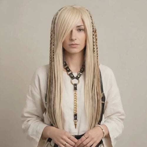 Model is wearing the Mixed blonde and ginger boho dread wig, side bangs with full dreadlocks, layered synthetic wig, lightweight festival hair, Burning Man fashion wig, Viking style faux locs, soft loose ends