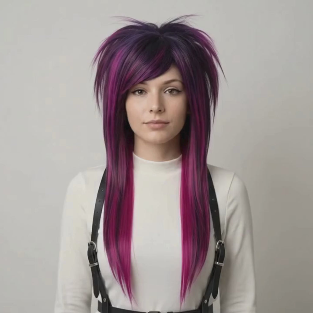 Pink and purple emo scene wig with side bangs and long layered shag cut, showcasing video