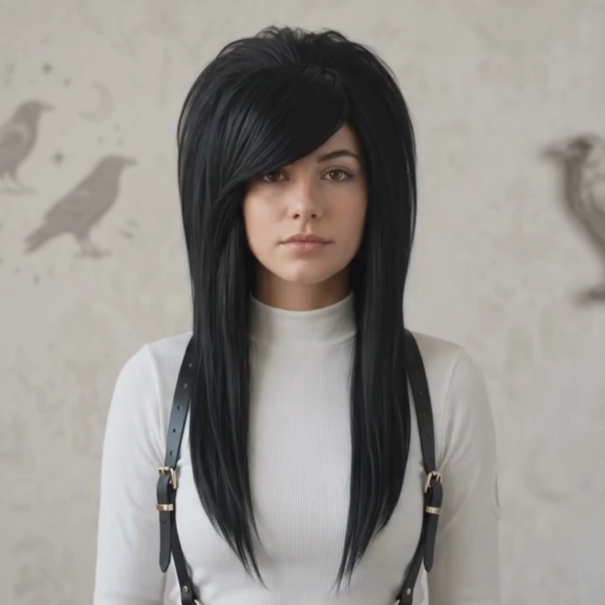 Showcase video of a black emo scene wig with side-swept bangs, long layered styling and glueless synthetic construction, shown from multiple angles.