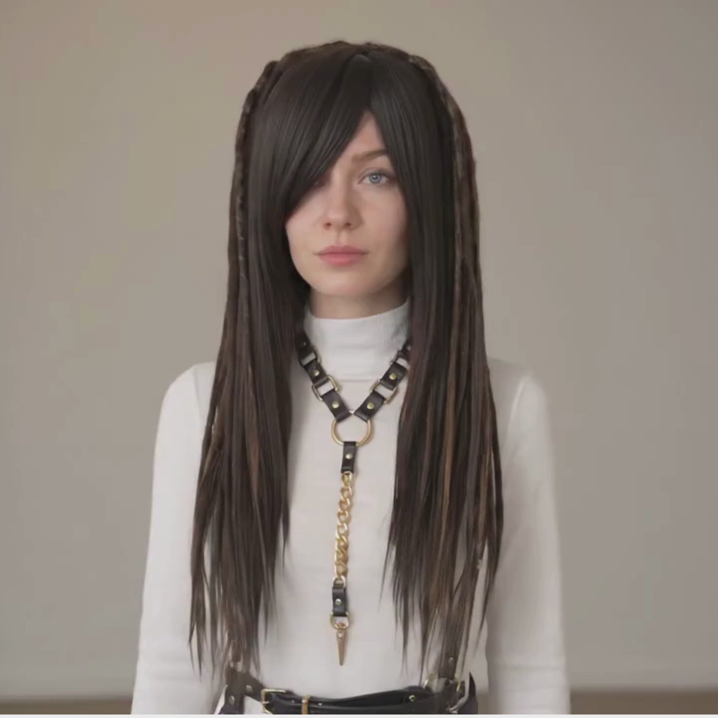 Model is wearing the Mixed brown dreadlocks wig, side bangs with full dreadlocks, layered synthetic wig, lightweight festival hair, Burning Man fashion wig, Viking style faux locs, soft loose ends