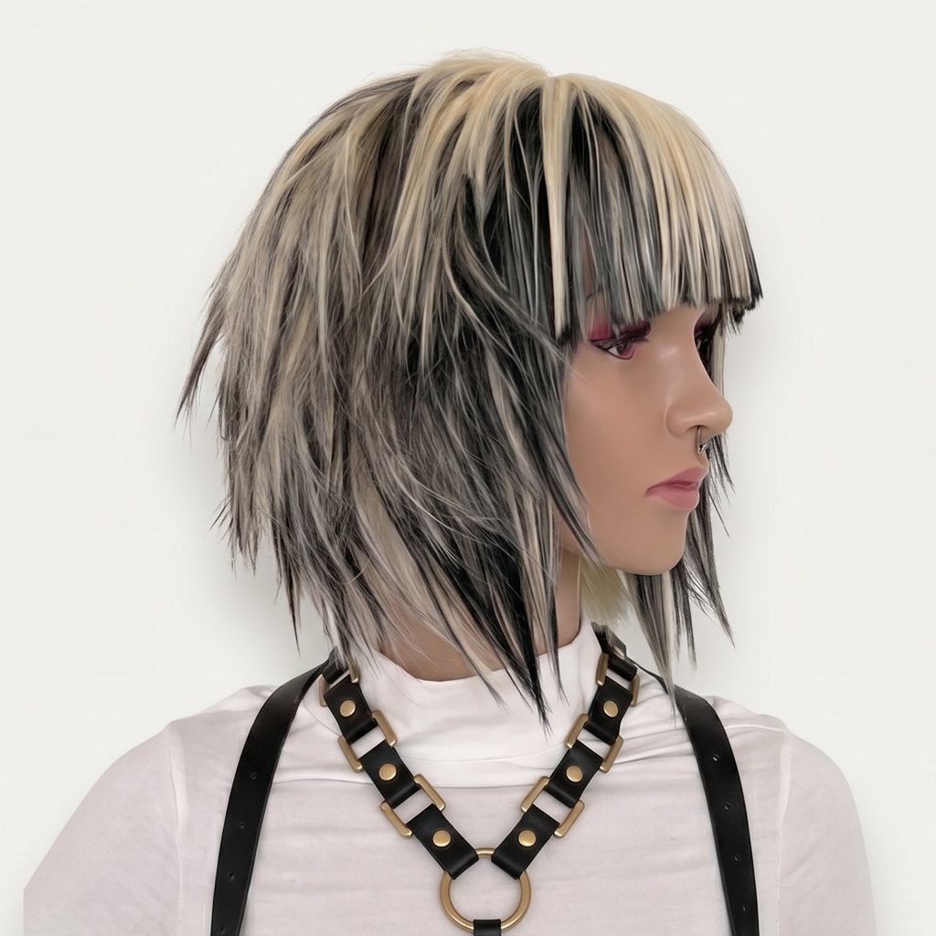 Short blonde and black scene wig with choppy spiky layers and straight bangs, Y2K emo alternative cosplay wig front view.