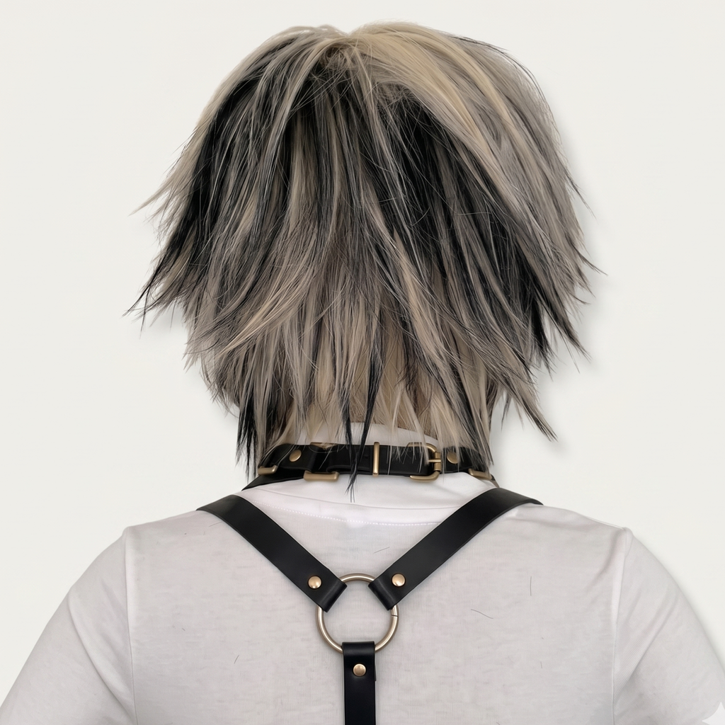 Back view of short blonde and black scene wig with spiky layered cut and textured volume, Y2K alternative emo wig.