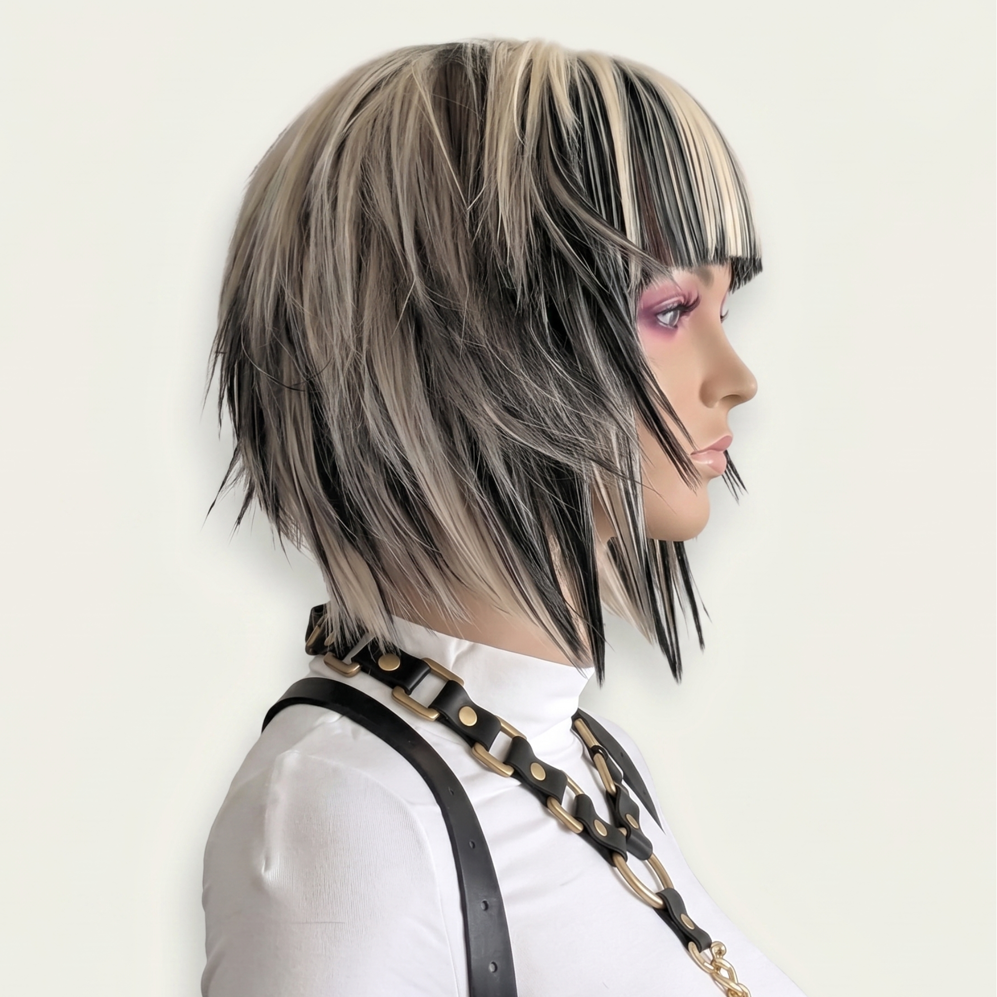 Blonde and black emo scene wig with spiky layered haircut and long bangs, alternative cosplay wig side profile.