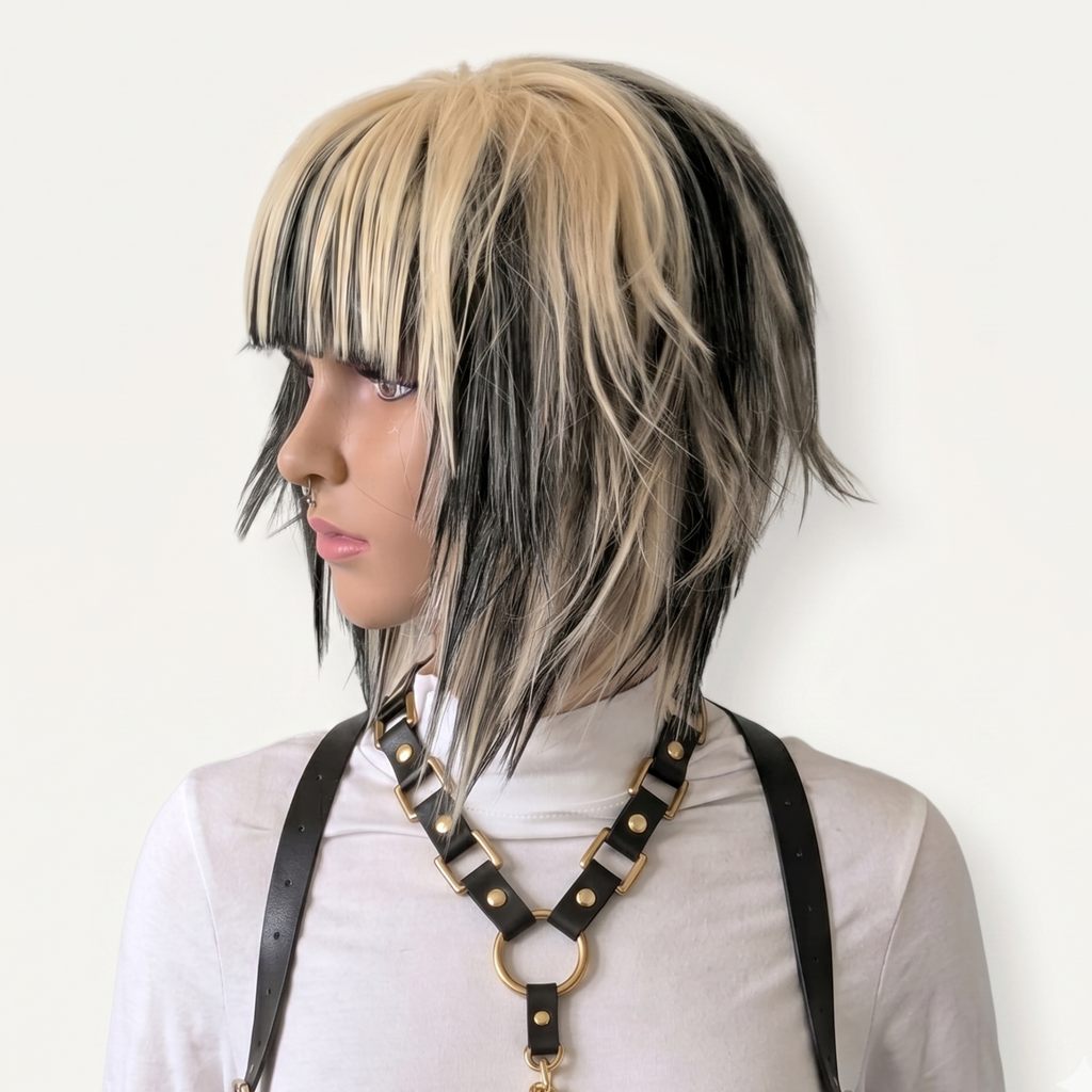 Short blonde and black scene wig with choppy spiky layers and straight bangs, Y2K emo alternative cosplay wig front view.