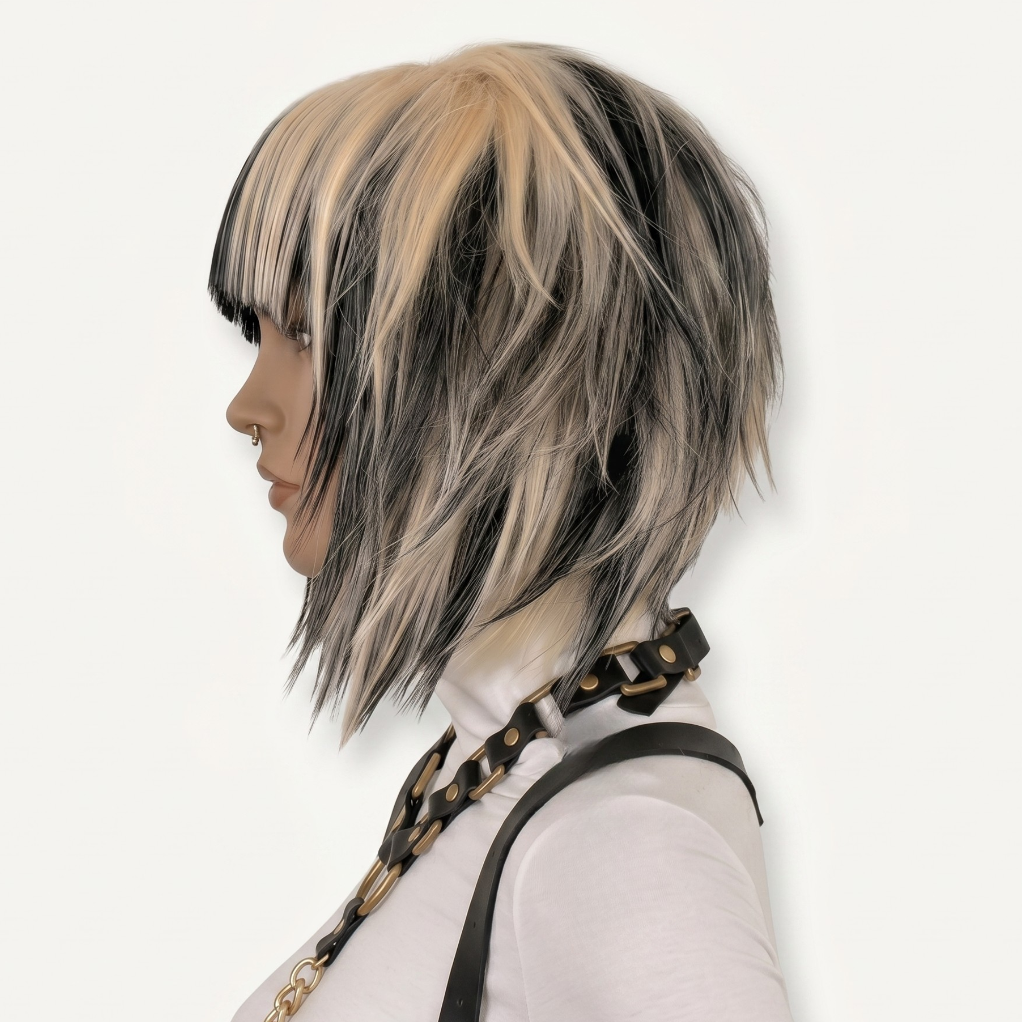 Short blonde and black scene wig side view with layered choppy cut and long front pieces, Y2K punk alternative wig.
