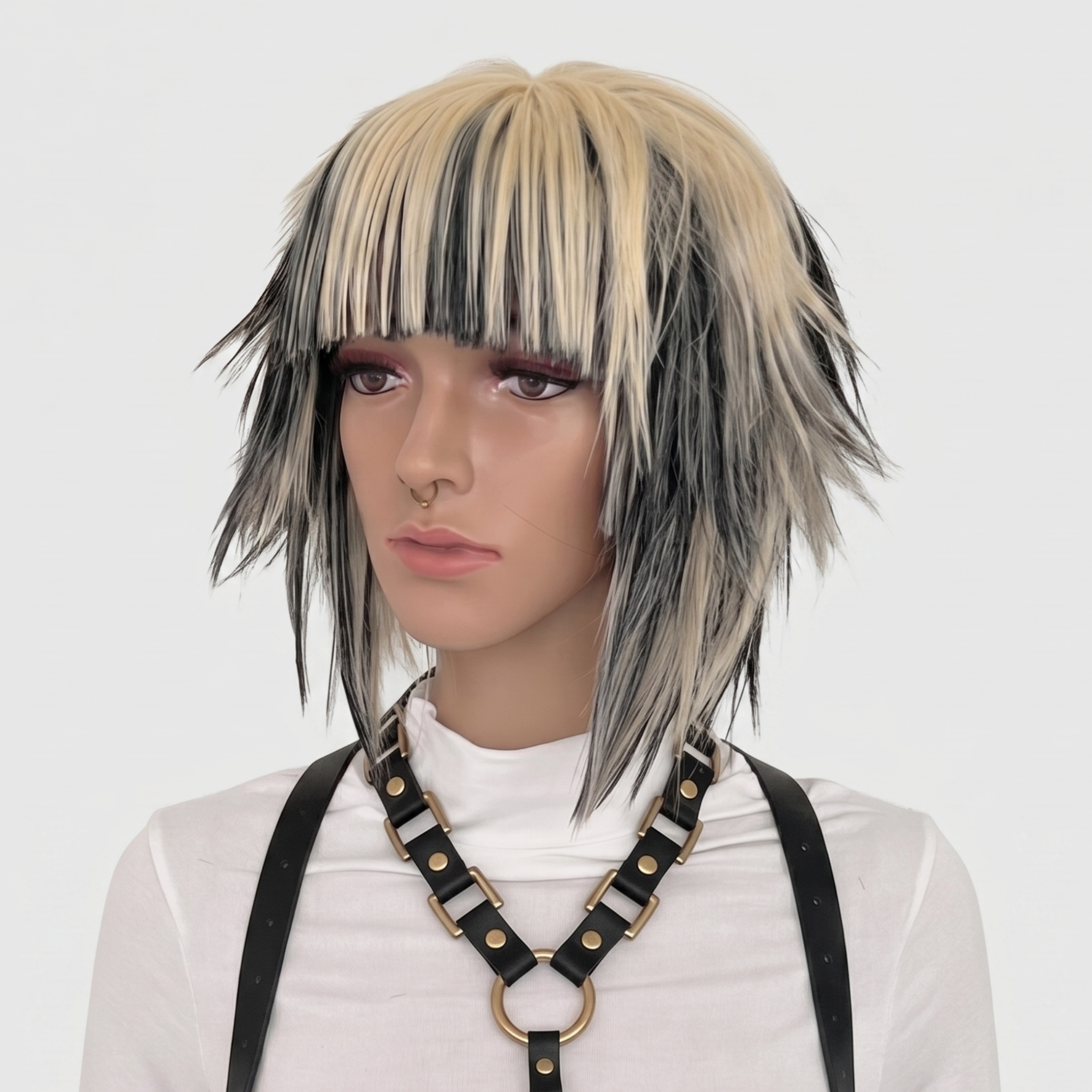 Short blonde and black scene wig with choppy spiky layers and straight bangs, Y2K emo alternative cosplay wig front view.