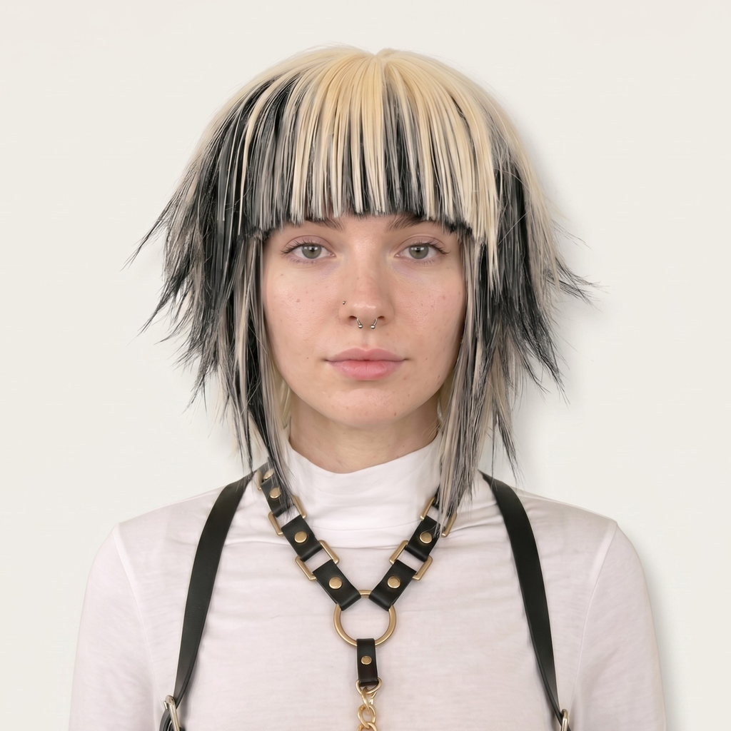 Blonde and black scene wig with spiky layered cut and long bangs, short emo Y2K alternative cosplay wig shown on model.