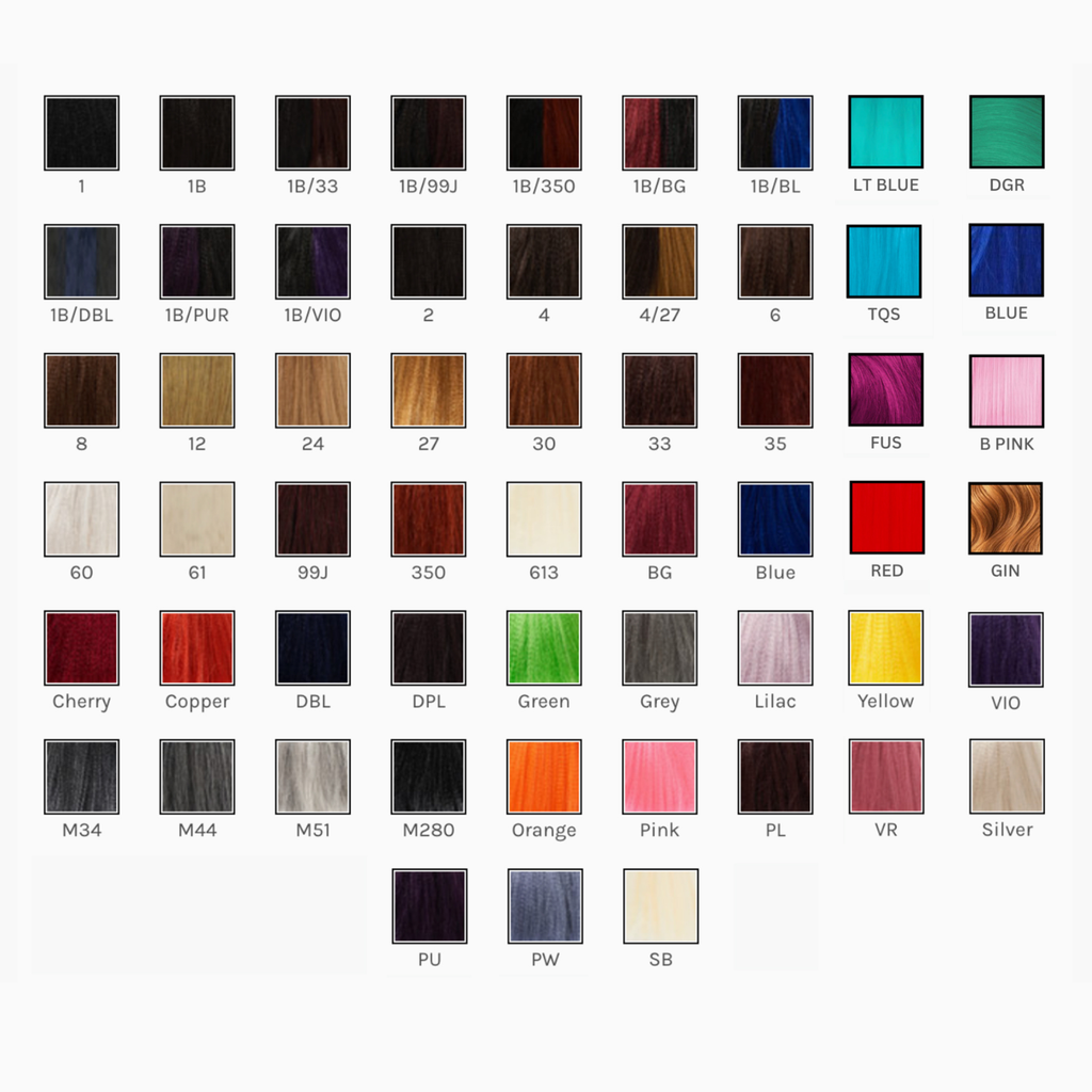 Colour chart for synthetic dreadlocks showing available custom colours including black, brown, blonde, red, blue, green, pink, purple, grey and silver shades.