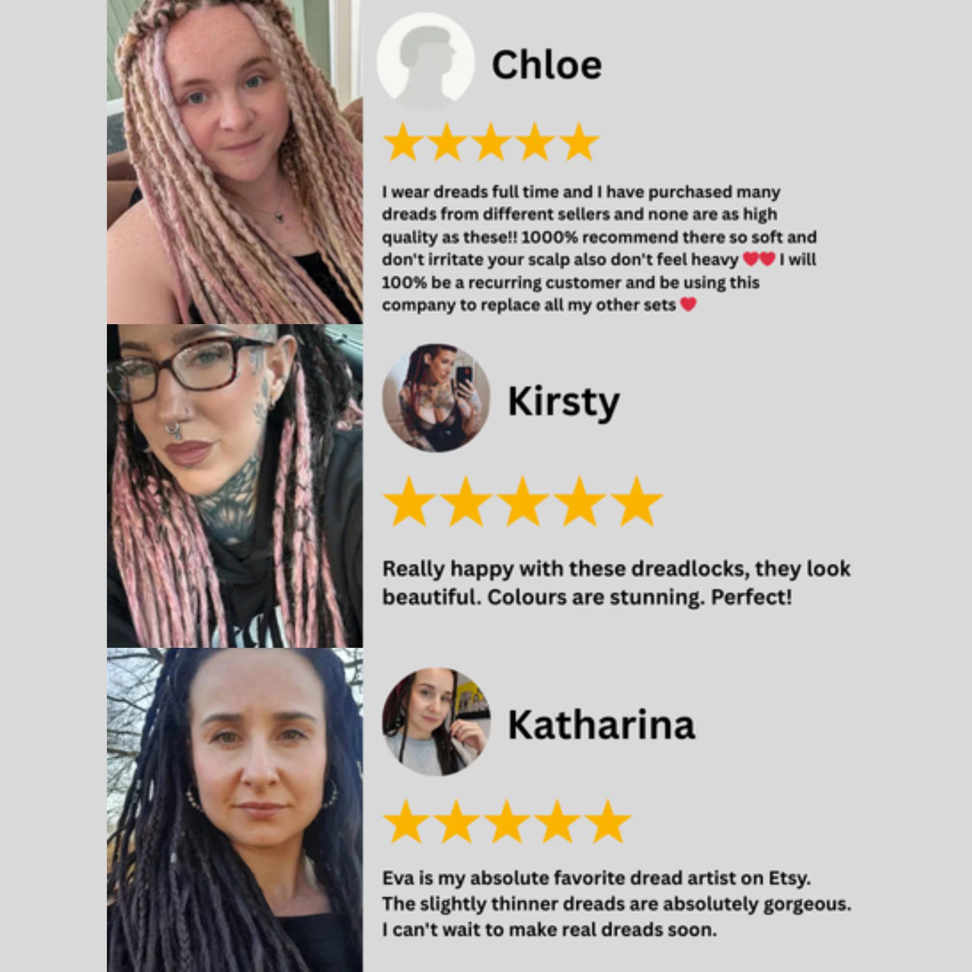 Customer review collage showing five star feedback and customer photos wearing handmade synthetic dreadlocks.