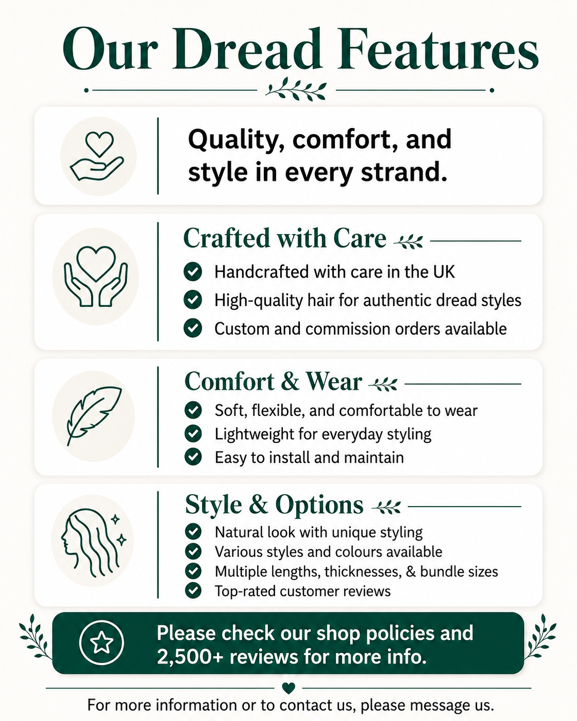 Synthetic dreadlock features infographic highlighting handmade UK craftsmanship, high-quality hair, lightweight and comfortable wear, easy installation, custom colour and style options, various lengths and thicknesses, and top-rated customer reviews.